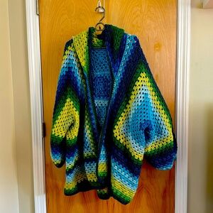 Hand crocheted, hexagon hooded cardigan